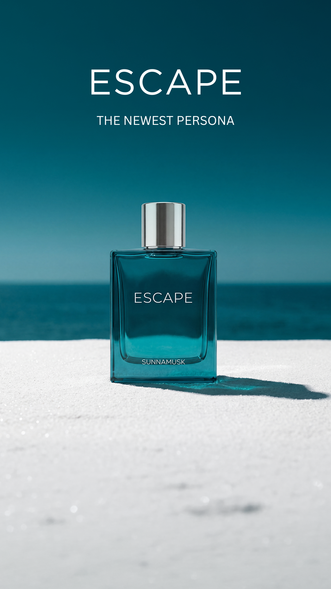 A bottle of ESCAPE by Sunnamusk perfume stands on white sand with the ocean and blue sky behind it. The bottle is transparent teal-blue glass with a reflective silver cap, and the words ESCAPE and SUNNAMUSK are visible on the bottle.